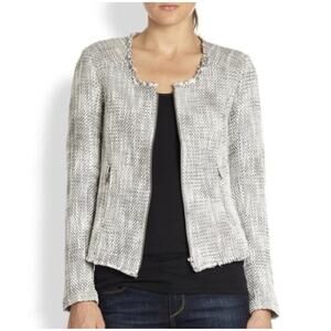 Joie Collis Gray/white Fringe Zip Front Tweed Blazer Jacket Size M